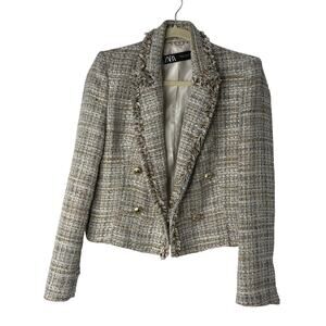 Zara Tweed Blazer Women L Beige White Gold Buttons Cropped Clueless Old Money